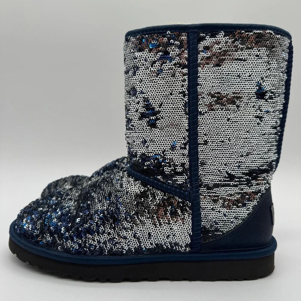 UGG Classic Short Sparkles Women's Sequins Boots Deep Blue Size 8